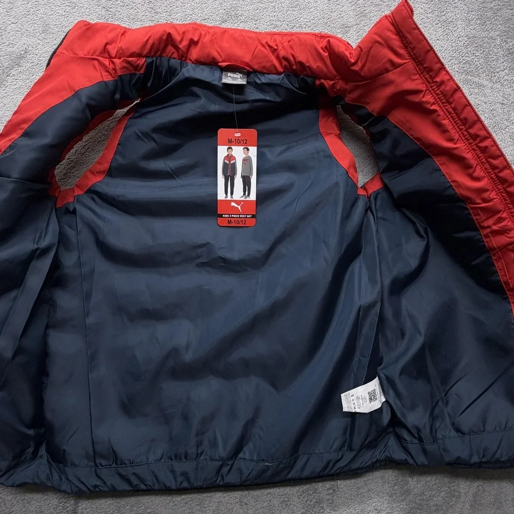 Puma Puffer Vest‎ Boys Medium 10/12 Red Gray Navy Quilted Sleeveless Zip Front